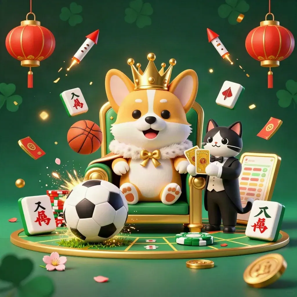Royal corgi and cat butler amid casino luck symbols as a soccer ball explodes through turf.