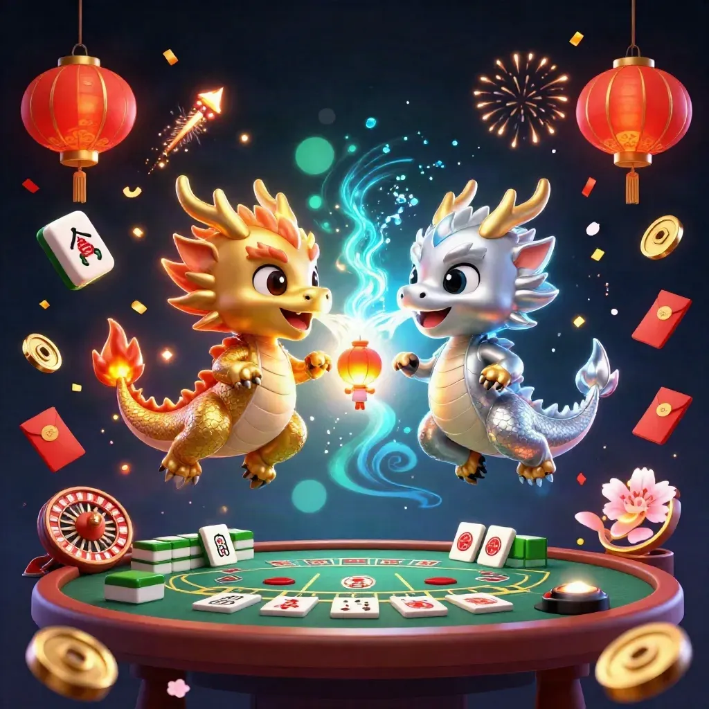 Twin dragons swirl over casino treasures, lanterns, and neon magic in a premium fantasy scene.