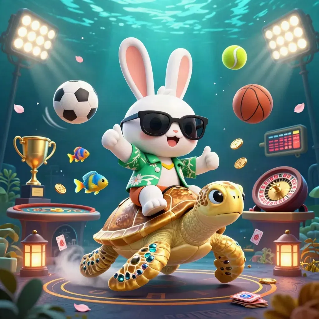 Rabbit on a gem turtle amid sports balls, casino lights, coins, and underwater glow.