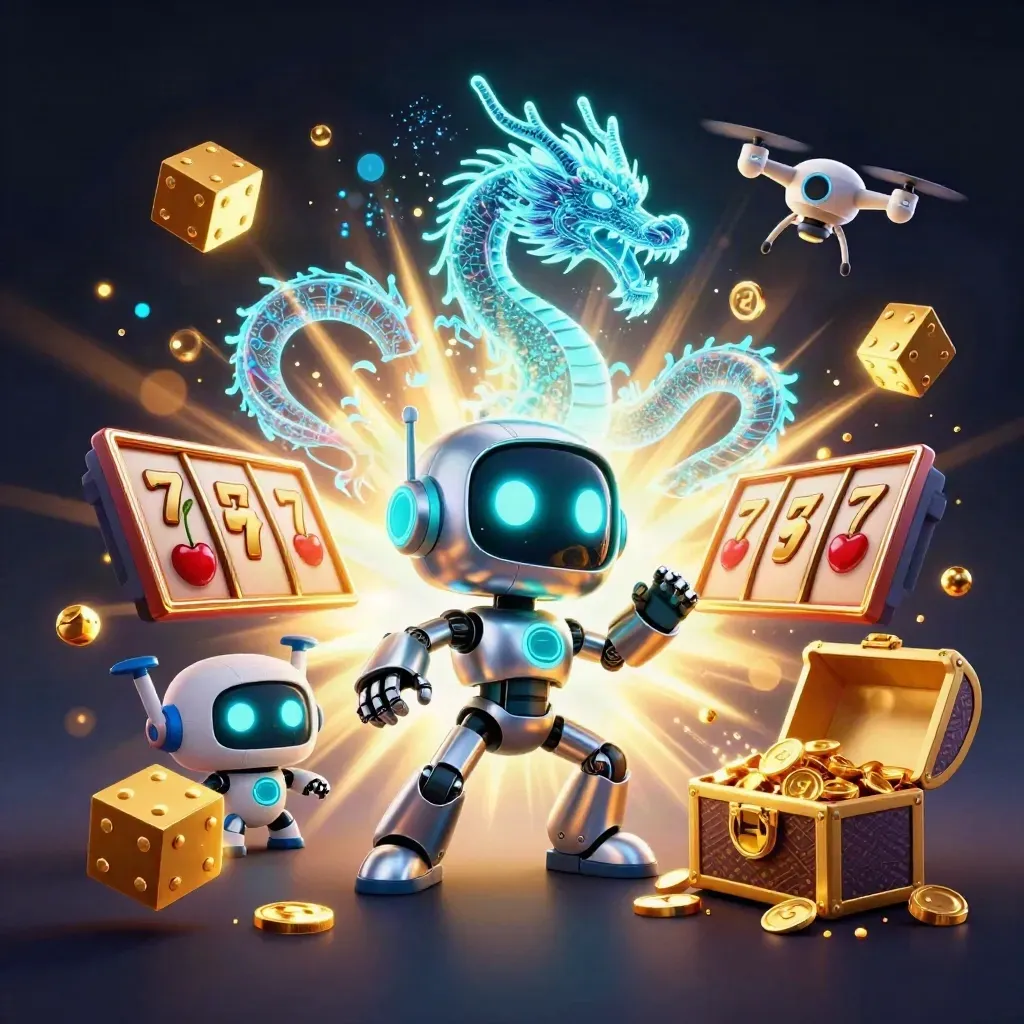 Cyberpunk robot, holographic dragon and coin drone burst from a jackpot slot machine in neon glow.