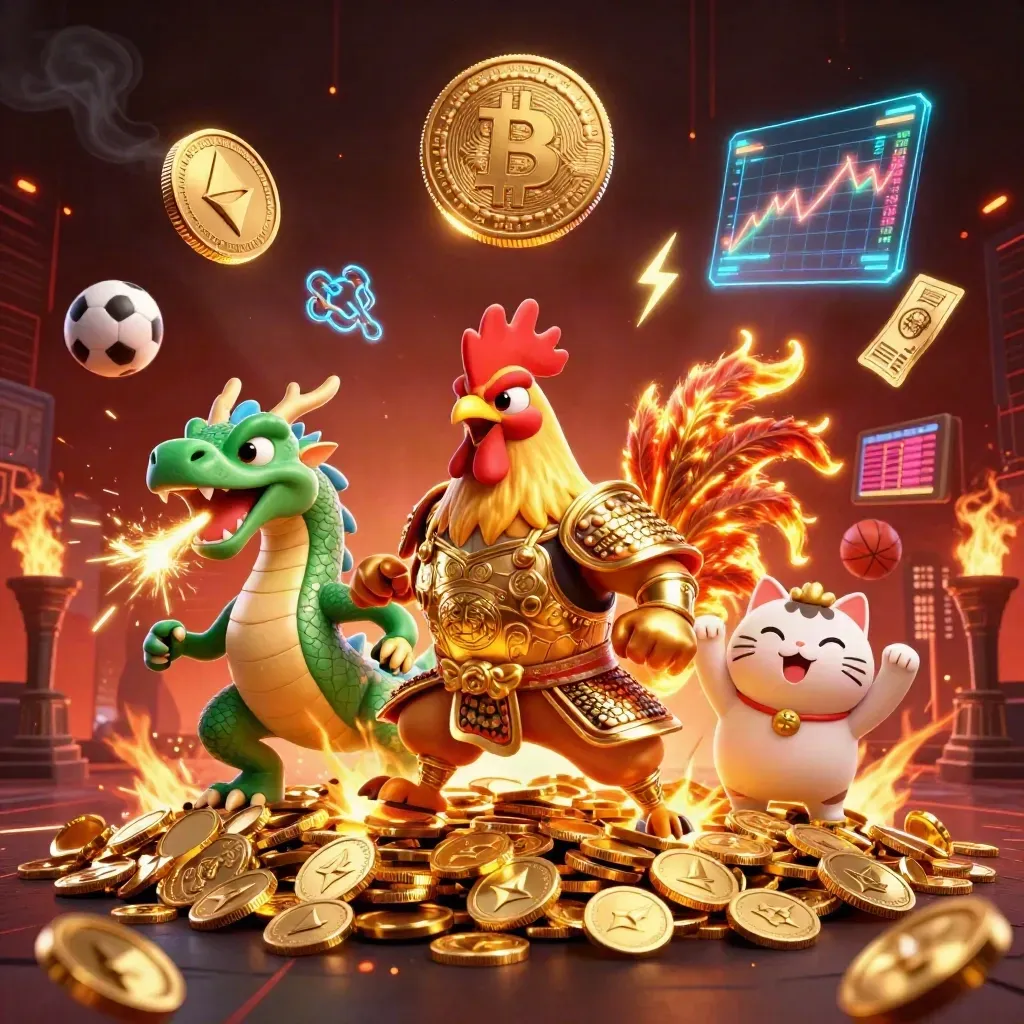 Rooster warrior, dragon hatchling and lucky cat amid casino coins, sparks and fireworks.