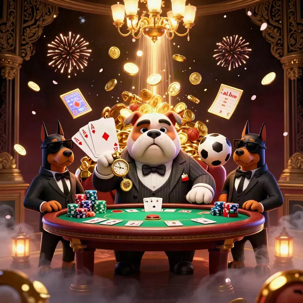 Bulldog boss and Doberman guards amid coins, poker chips, fireworks, and casino glam