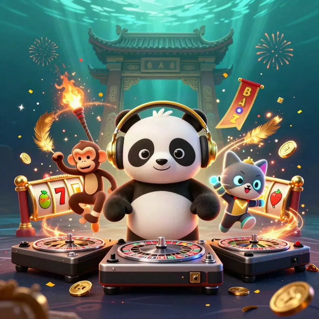 DJ panda, breakdancing monkey and glow-stick kitten amid casino reels, coins and fireworks