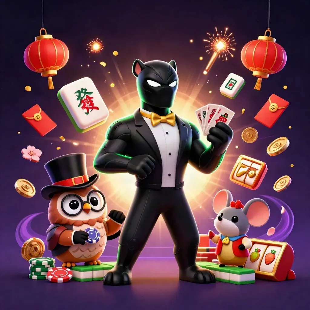 Panther, owl, and mouse casino heroes amid chips, lanterns, reels, and neon magic.